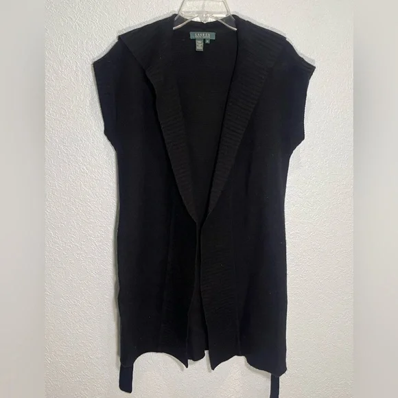 LAUREN RALPH LAUREN Black Knit Short Sleeve Hooded Longline Cardigan Size XS - Picture 4 of 13